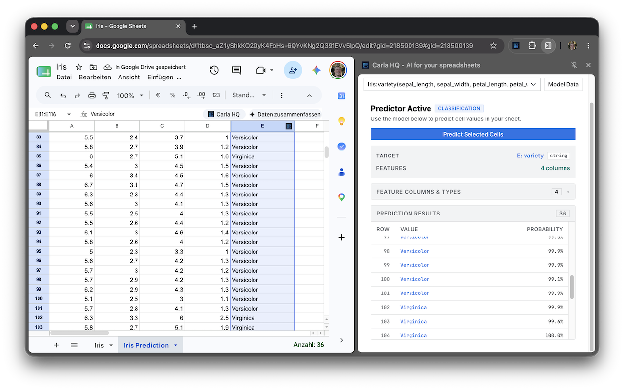 Google Sheets Prediction Action
